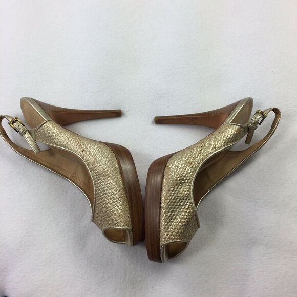 Boutique 9 Lowan Woven High Heels 9 Metallic Light Gold Peep Toe Wooden Pumps - Picture 3 of 7